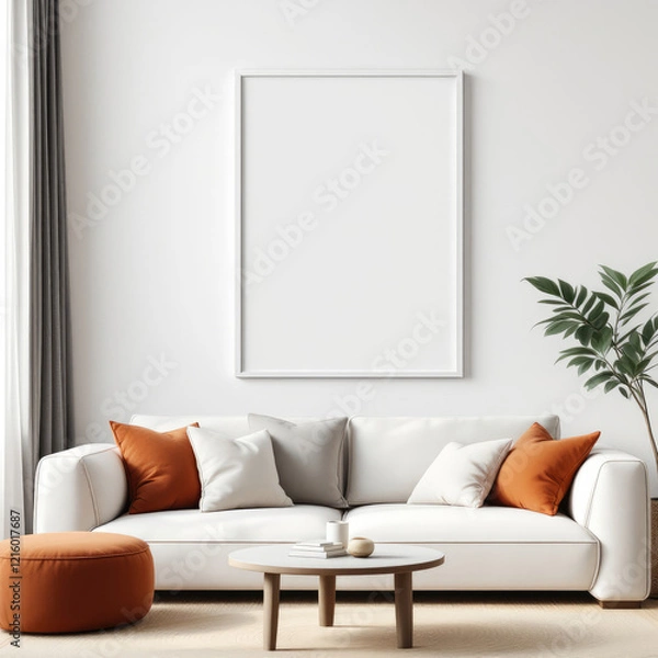 Obraz a white sofa with orange and gray throw pillows, a round coffee table, and a potted plant. Cozy modern living room with photo frame design