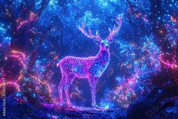 Fototapeta Glowing deer in a magical forest with bright lights and deep blue hues in a fantasy scene