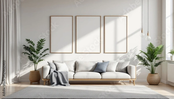 Obraz a white sofa with three blank picture frames hanging above it, two potted plants on either side, and a gray rug on the floor. Cozy modern living room with photo frame design