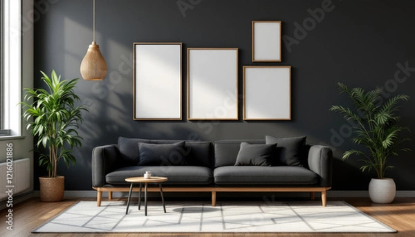 Fototapeta a gray sofa with black pillows, a wooden coffee table, and three empty picture frames on the wall above the sofa. Cozy modern living room with photo frame design