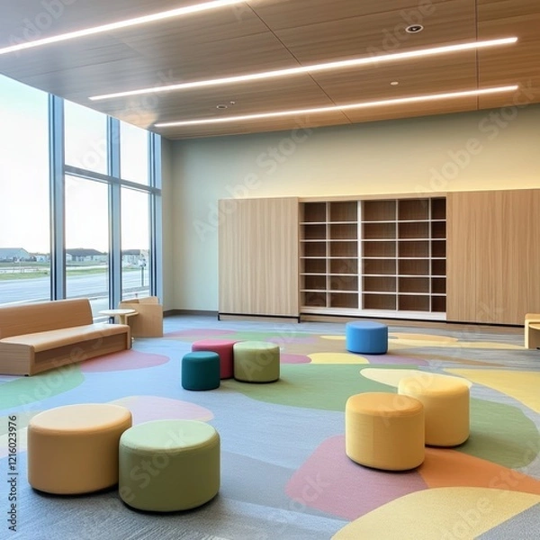 Fototapeta Modern Library Reading Room with Colorful Seating and Bookshelves