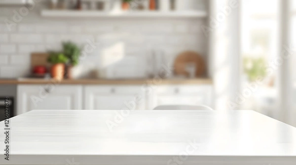 Fototapeta Empty white marble table top and blurred kitchen background, product display montage