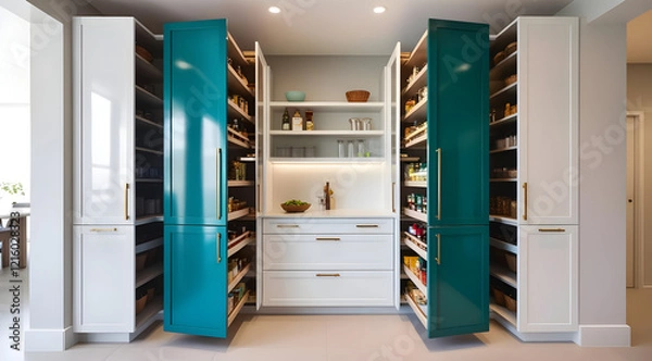 Fototapeta A modern pantry with stylish teal doors and organized shelves, showcasing a minimalist design and efficient storage solutions.