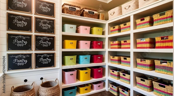 Fototapeta A neatly organized storage room featuring colorful baskets, labeled containers, and a clean, modern layout.