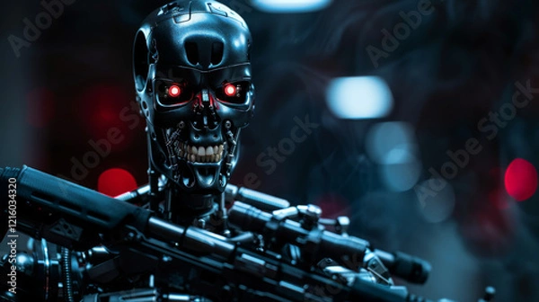 Fototapeta Futuristic cyborg soldier with glowing red eyes and advanced weapon ready for combat