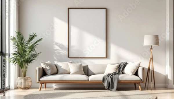 Fototapeta a large window with a plant, a gray sofa with white pillows, a wooden floor lamp, and a blank picture frame on the wall. Cozy modern living room with photo frame design
