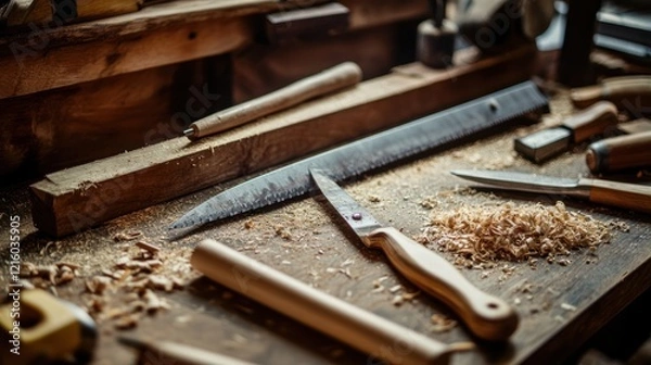 Fototapeta A detailed view of a woodworking bench showcasing various tools and wood shavings