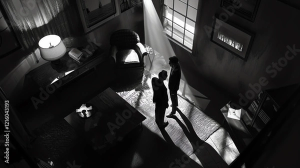 Fototapeta Illustrate a nuanced psychological debate in noir style, from a high-angled perspective Utilize CG 3D rendering for a modern twist, infusing classic literature elements seamlessly Experiment with ligh