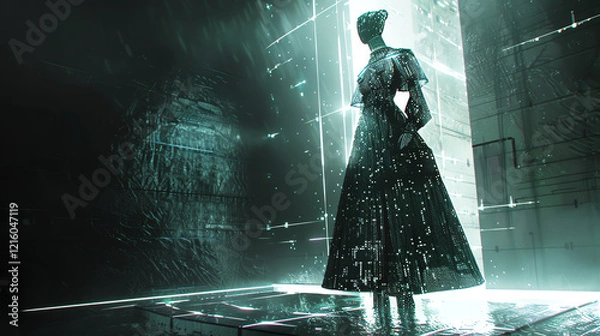 Fototapeta Transport viewers to a futuristic world by showcasing a Dystopian Haute Couture garment in a pixel art digital rendering, with innovative lighting techniques that make the outfit glow and pop, set aga