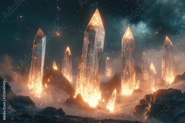 Fototapeta A surreal landscape with giant, floating crystals emitting energy, surrounded by a mysterious mist that glows softly under the light of distant stars