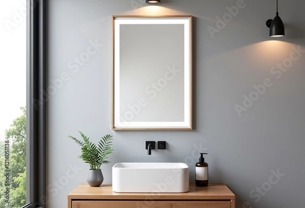 Fototapeta 長方形の垂直ミラー：モダンなバスルーム、シンクの上、クリーンなインテリア、製品写真、正面図、ミニマリストデザイン、家の装飾、壁の備品、バスルームの設定

