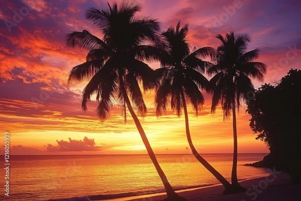 Fototapeta A tropical island at dusk with a warm, glowing sky and the silhouette of palm trees gently swaying in the breeze