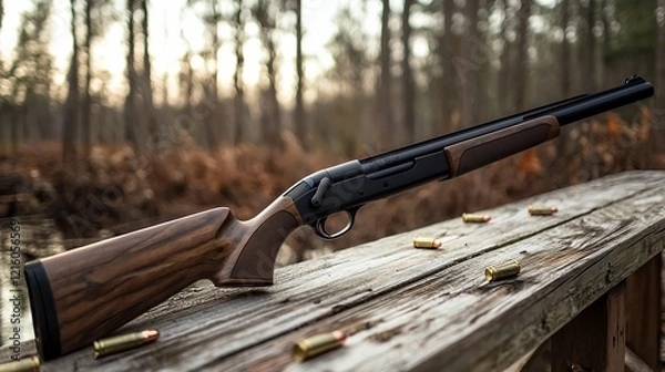 Fototapeta Elegant Shotgun Resting on Rustic Wooden Surface