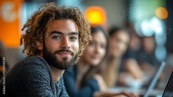 Obraz Portrait of a young man with curly hair, beard, and warm smile, in casual attire, against a bokeh urban background, radiating confidence and approachability