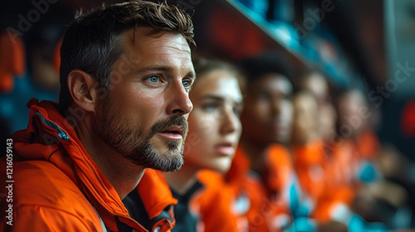Obraz Close-up of a bearded man in orange spacesuit, determined expression, blue lighting, and sci-fi background