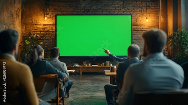 Obraz Audience watching a green screen in a retro cinema room with vintage chairs and dim lighting