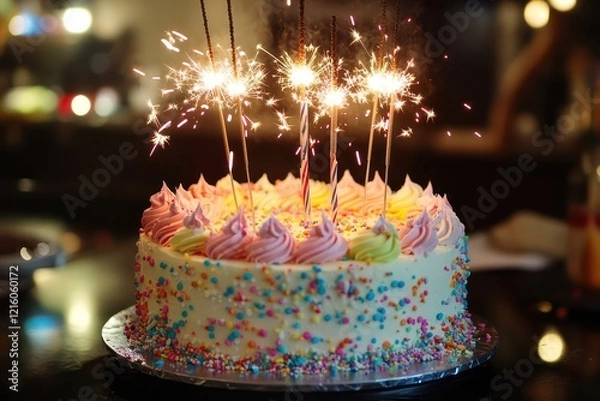 Fototapeta A vibrant birthday cake with sparklers creating a dazzling effect, set in a cheerful and festive environment