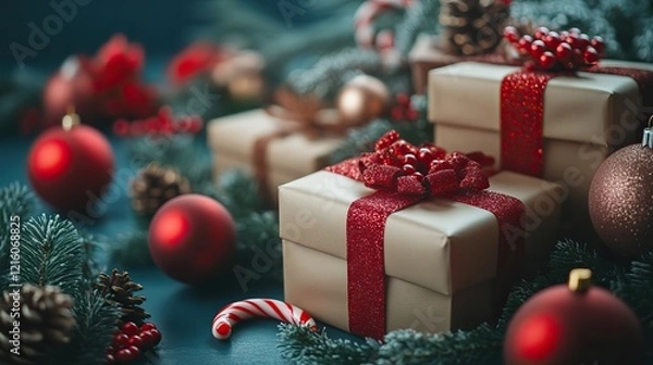 Fototapeta A festive Christmas scene with beautifully wrapped presents, red ornaments, candy canes, and fir branches on a blue backdrop, capturing holiday cheer