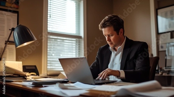 Fototapeta Business auditor reviewing financial reports on a laptop in a minimalist office with soft lighting, emphasizing precision and focus in a professional setting.