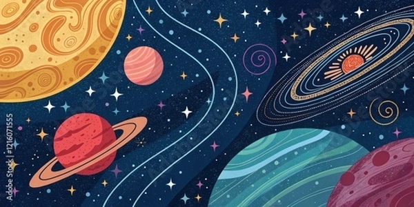 Fototapeta A cosmic scene with vibrant planets, swirling nebulae, and glittering stars in a dark, starry night sky