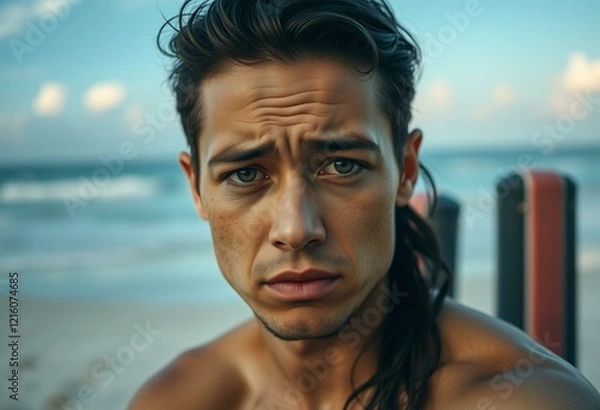 Fototapeta A person sitting on a beach with a sad expression