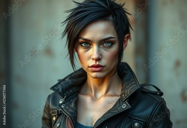 Fototapeta Female diesel punk character with piercing green eyes