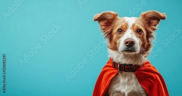Fototapeta Adorable dog in a vibrant orange superhero cape poses confidently against a bright blue background, showcasing a playful and imaginative personality with humorous charm.
