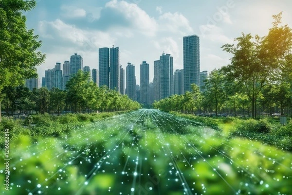 Fototapeta Advanced urban irrigation system with precision water distribution in a green, high-tech environment.