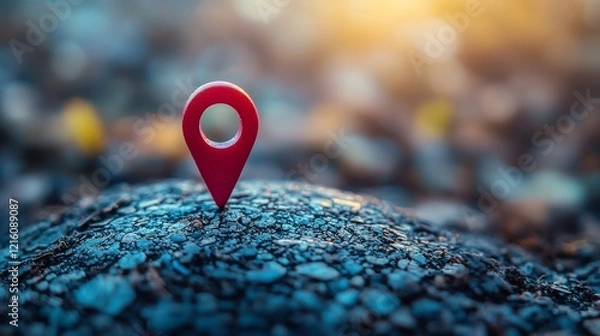 Fototapeta A vibrant red location pin stands prominently on textured ground, symbolizing navigation and exploration in a natural setting.