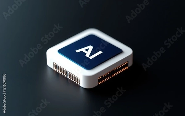 Fototapeta 3D icon of "AI" on a chip, with a white and blue color theme, minimalistic design, isometric view, on a solid black background. 