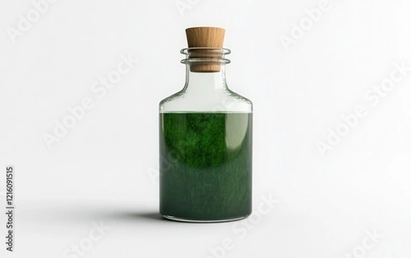 Fototapeta 3D rendering of a green potion in a beaker with a wooden stopper on a white background. The beaker features a simple, clean design, and the green potion inside has a slightly foggy, mystical look. 