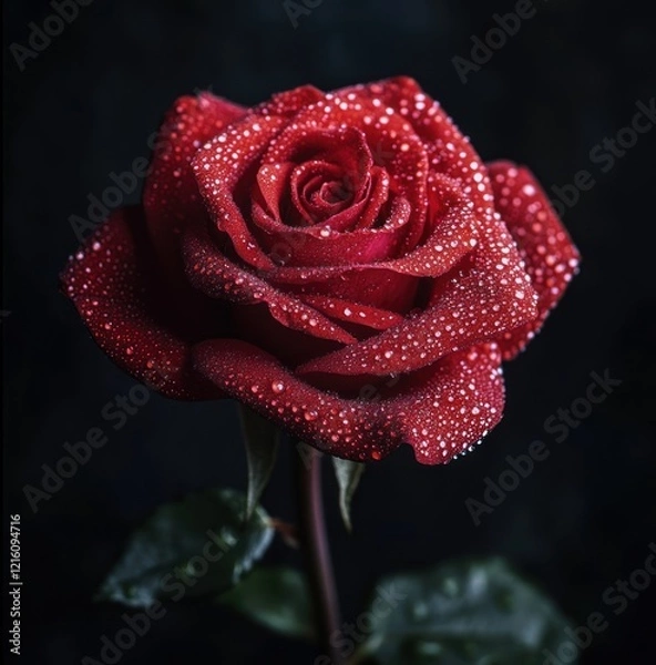 Fototapeta Elegant Red Rose with Water Droplets on a Dark Background Still Life