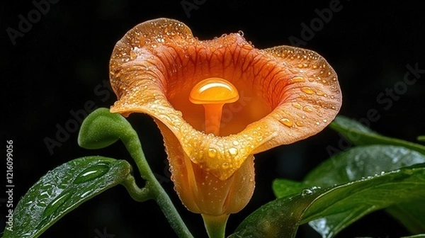 Obraz A vibrant orange flower with water droplets, showcasing intricate textures and a captivating structure against a dark background.