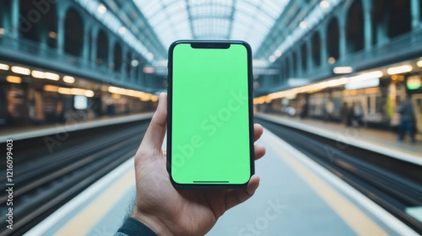 Fototapeta man hand holding smartphone with green screen in train station. background features spacious platform with blurred lights and arched glass ceiling, creating modern urban atmosphere