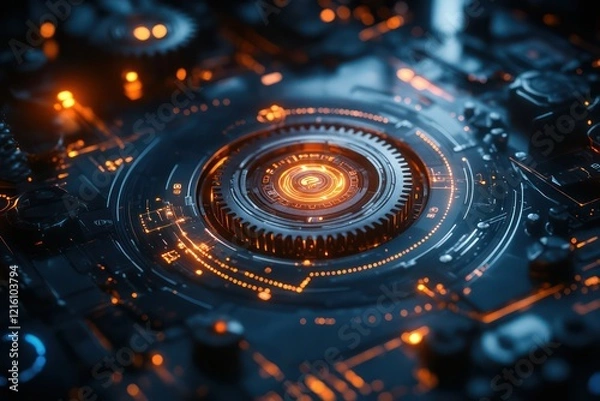 Obraz An abstract image of a robot?? gear system, illuminated in a high-tech setting