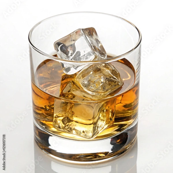 Obraz A Glass Of Whiskey With Ice Cubes Isolated On Transparent Or White Background, PNG