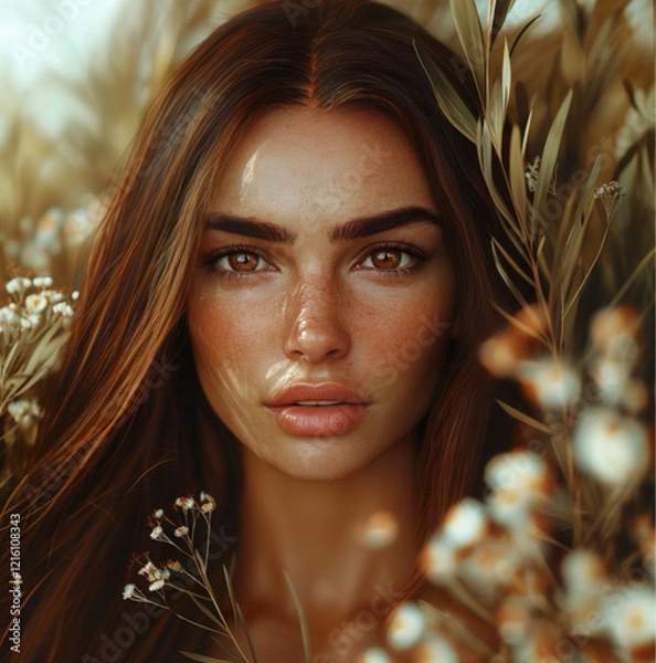 Fototapeta a 24-year-old Ukrainian woman, a warm,sun-kissed skin tone, flawless and smooth complexion without freckles or blemishes,deep, mesmerizing brown eyes,intricate iris, long, thick, curled eyelashes.