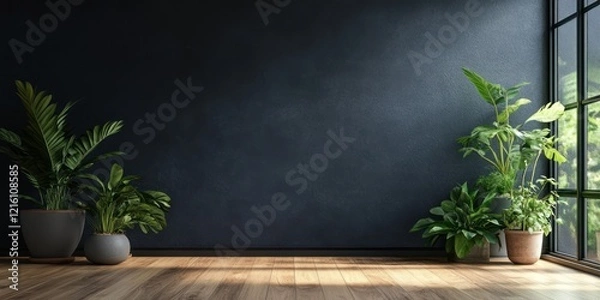 Fototapeta Dark wall room plants interior design mockup