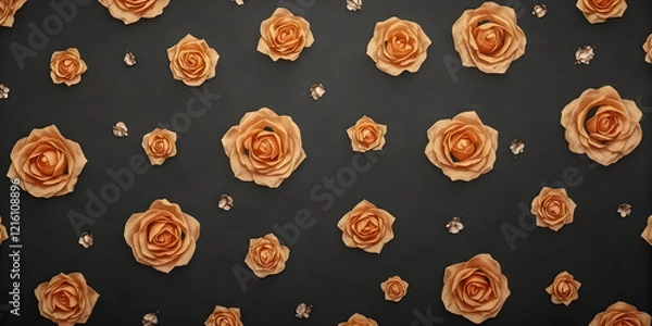 Fototapeta A textured black background with golden roses scattered across in an abstract pattern, blending elegance and modernity
