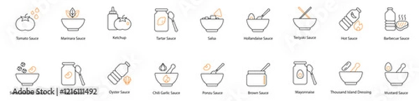 Fototapeta Sauce Vector Icon Set: Tomato, Marinara, Ketchup, Tartar, Salsa, Hollandaise, Teriyaki, Hot, Barbecue, Sweet and Sour, Hoisin, Oyster, Chili Garlic, Ponzu, Brown, Mayonnaise, Thousand Island, and Must