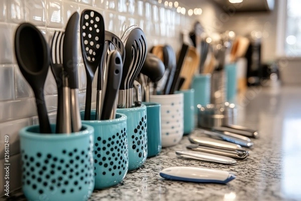 Obraz Assorted kitchen utensils on a counter ready for a collaborative cooking session