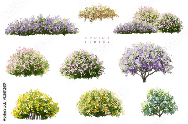 Fototapeta Vertor set of spring blossom tree,blooming plants side view for landscape elevation and section,eco environment concept design,watercolor meadows illustration,colorful season