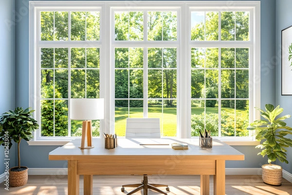 Fototapeta Home office with large windows overlooking a sunny garden, ideal for remote work or productivity