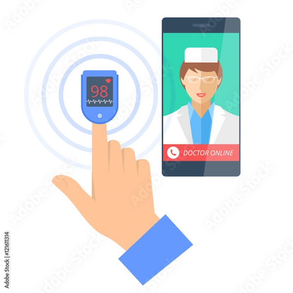 Obraz Mobile phone with doctor online and pulsometer on a finger.