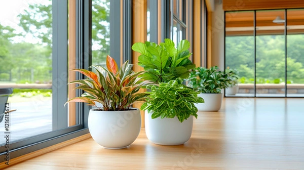 Fototapeta Modern houseplants in white pots by large windows, overlooking a green landscape; ideal for home decor websites