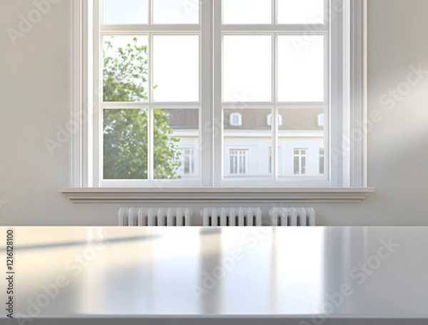 Fototapeta white table with background of window and abstract green from garden with sunlight  for product display