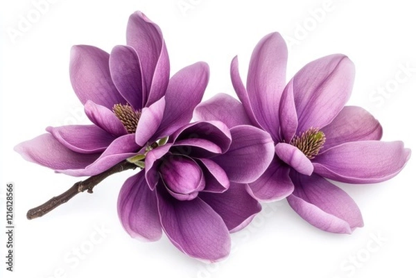 Fototapeta Purple magnolia blossoms isolated on white background, springtime bloom, design element