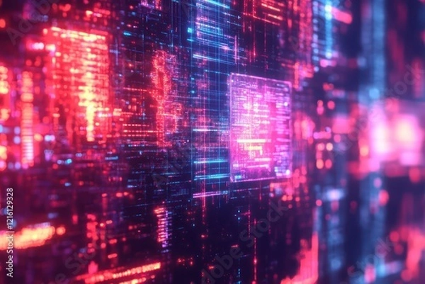 Obraz Broken interface with glitching symbols, flickering across a vibrant, fragmented digital screen