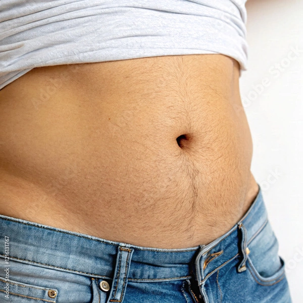 Obraz First Stage Of Belly Fat, Men's Belly fat Started Growing From An Unhealthy Lifestyle Isolated On White Background
