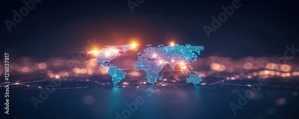 Obraz Abstract Digital World Map with Bright Lights